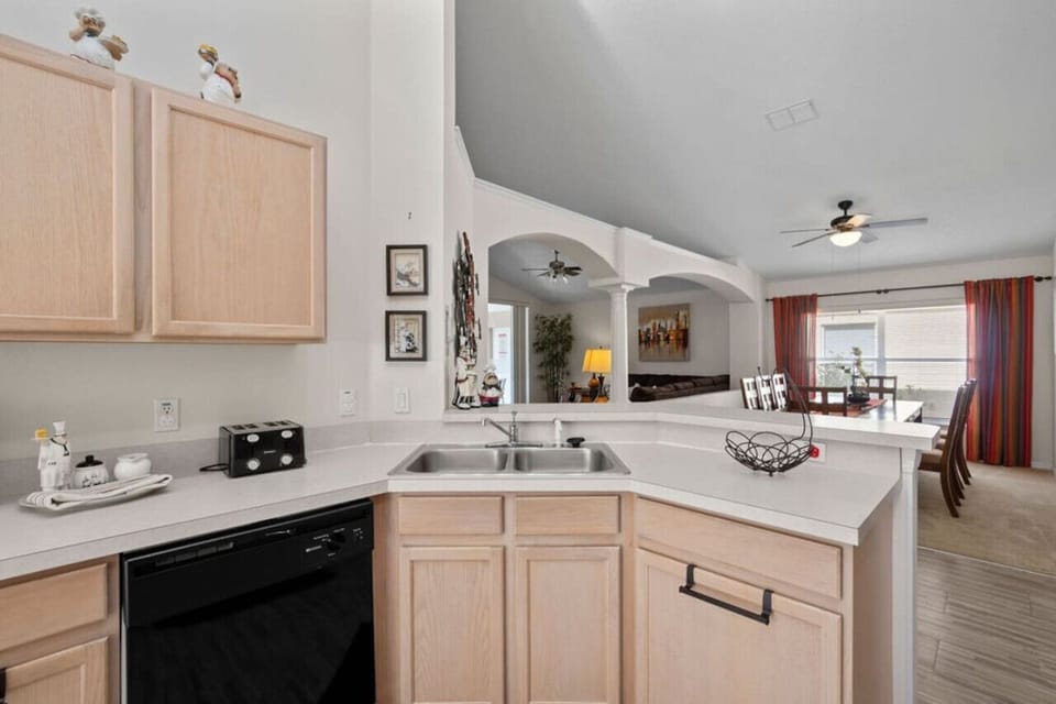 View of dining and living area from kitchen