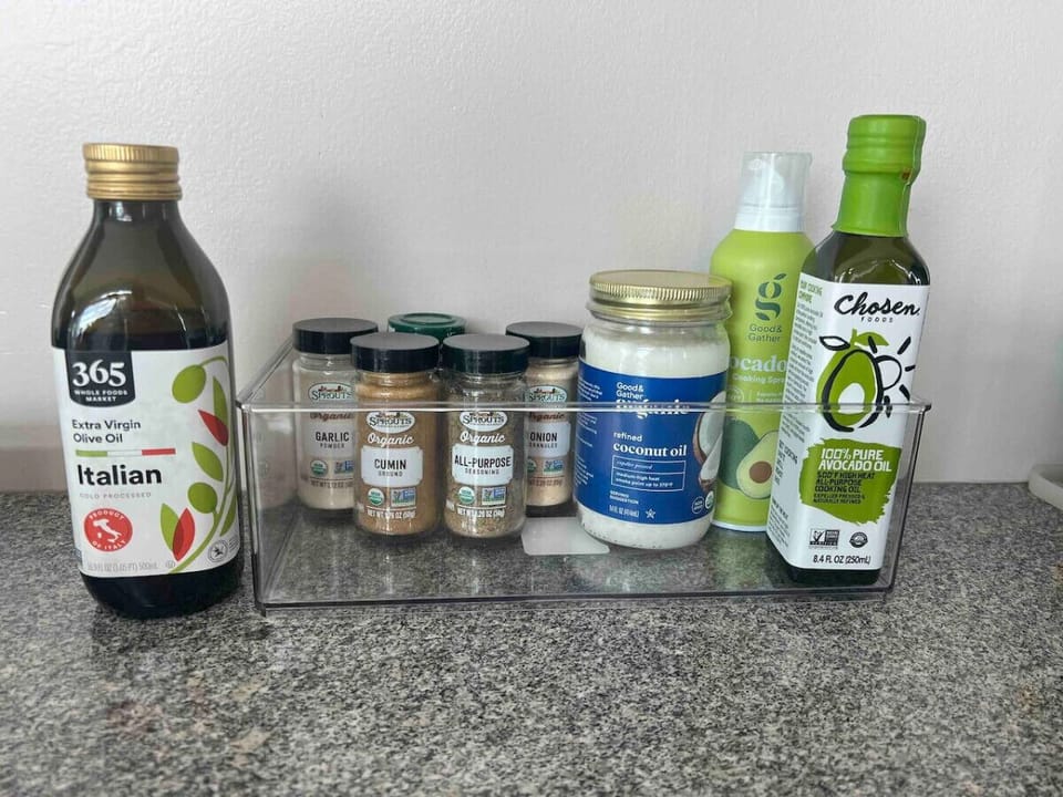 A basic assortment of spices as well as cooking oils are provided
