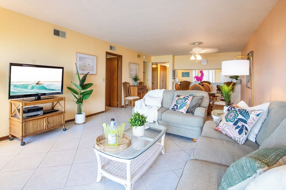 The living room features a sofa, TV and throw pillow.