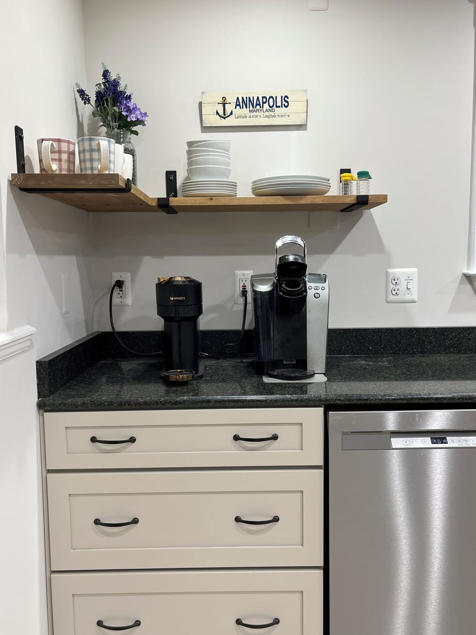 Nespresso & Keurig. A selection of coffee is in the drawer underneath.