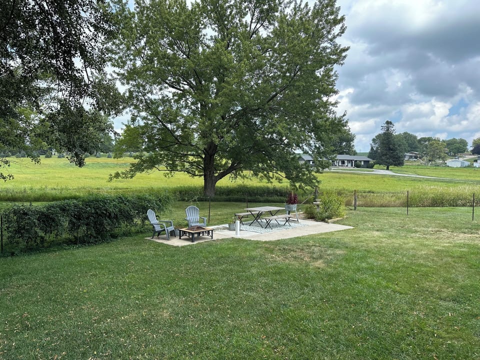 The backyard includes a patio with fire pit and picnic table.