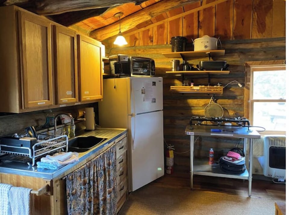 Kitchen area, Sink,  propane cooktop and refrigerator