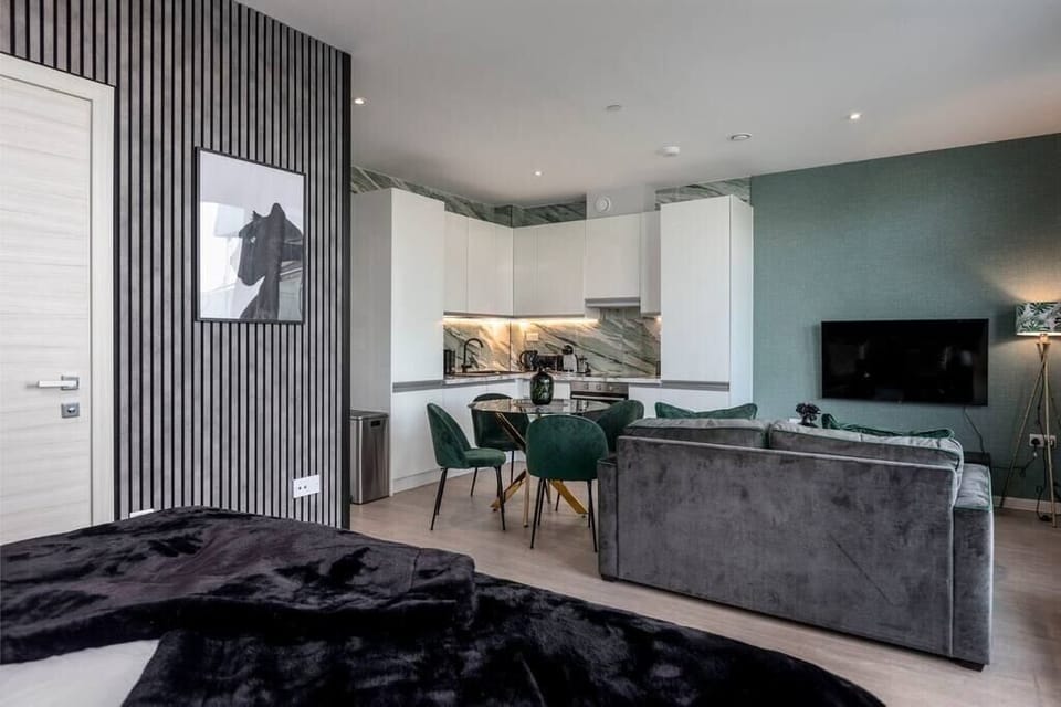 Integrated living, bedroom, and kitchen spaces in an open layout.