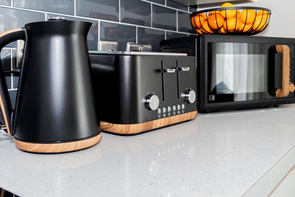Kettle, toaster, and microwave