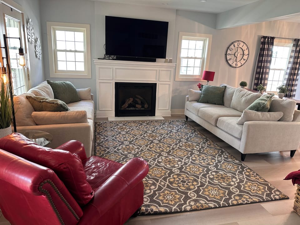 Living room with TV and gas fireplace