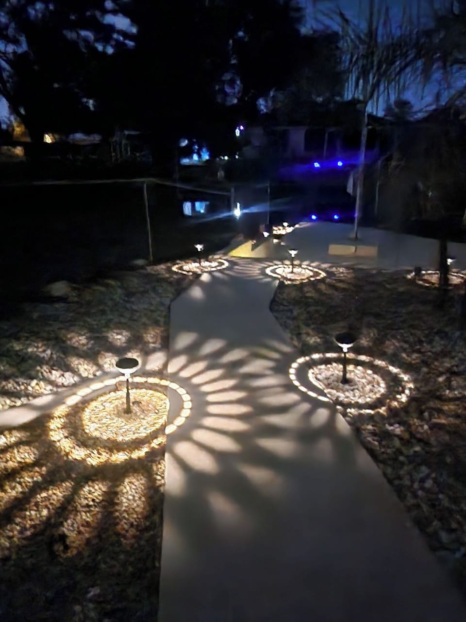 Soft landscape lighting guiding the walkway at night.