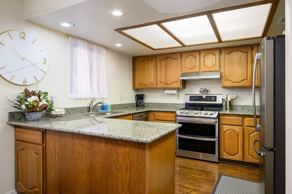 Updated kitchen is fully stocked.