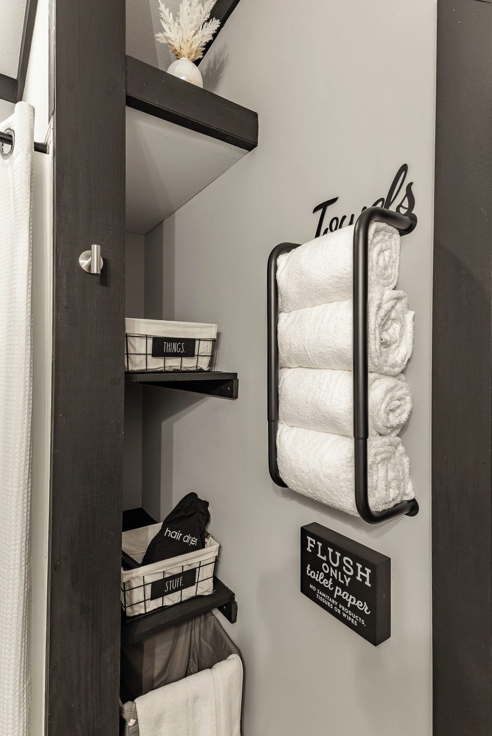We provide bath towels, complementary shampoo, body wash, and soap. 
