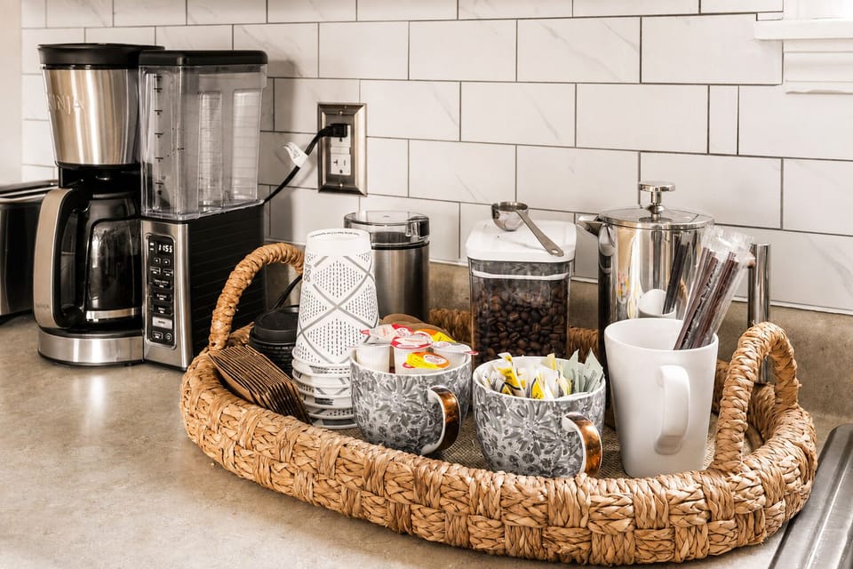 Cozy kitchen coffee station with stocked essentials and stylish touches