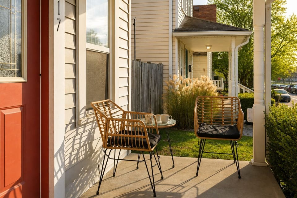 Sunny front porch with cozy seating for coffee and quiet relaxation