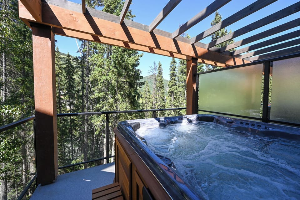 Saltwater hot tub with a view for relaxing after a day in the mountains.