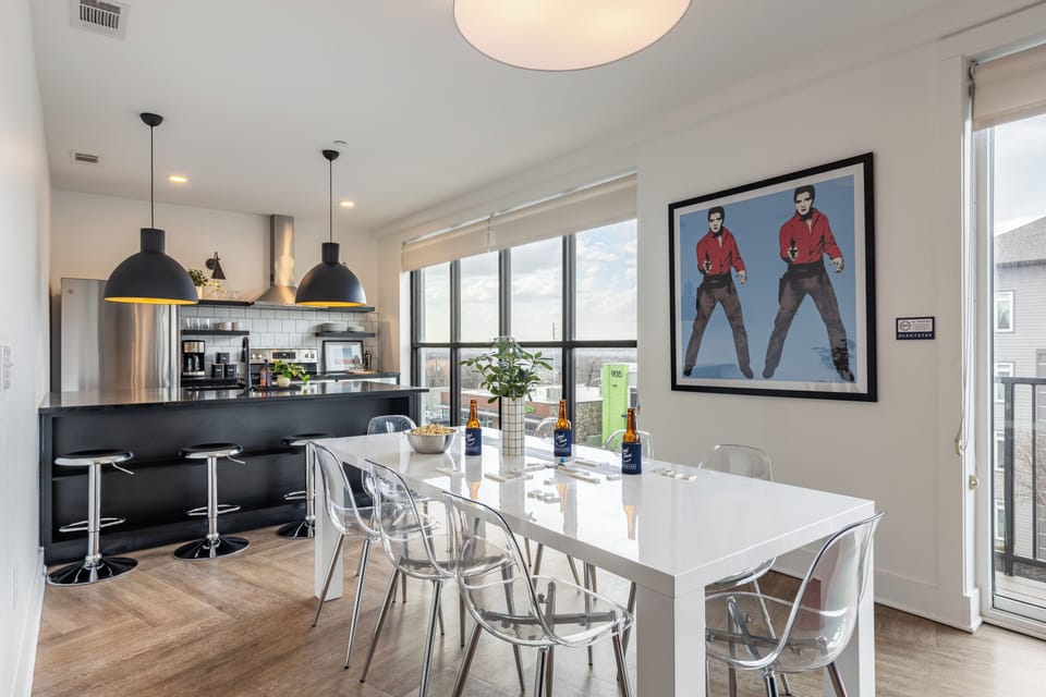 Elegant dining area offering outdoor views.
