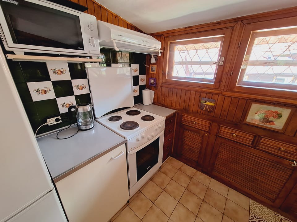 Cooking corner in the kitchen: stove, oven, microwave, refrigerator. 