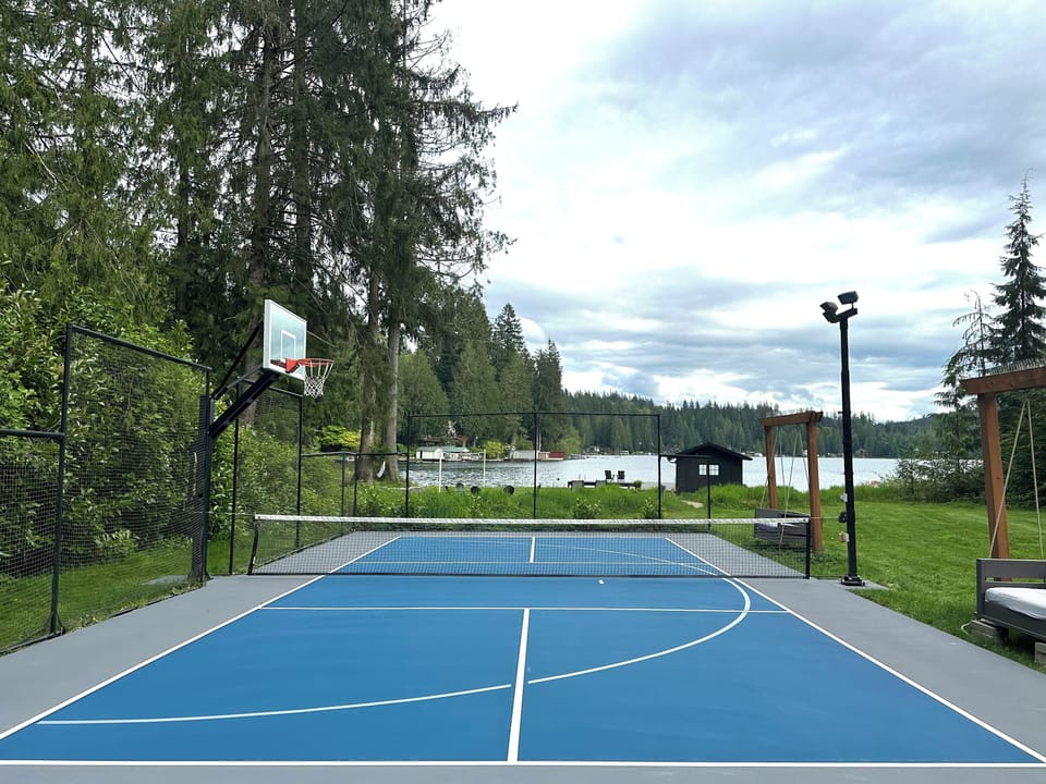Full pickleball court and half basketball.