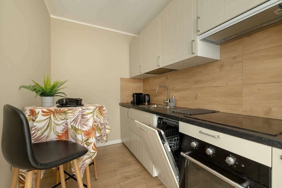 Modern kitchen with dishwasher and oven. The kitchen has a table creating a comfortable space for dining. 