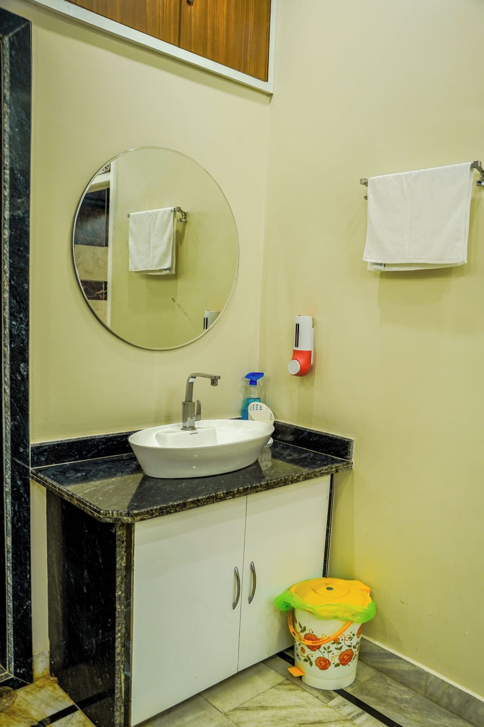 Cotton towel and a basin in lobby.
