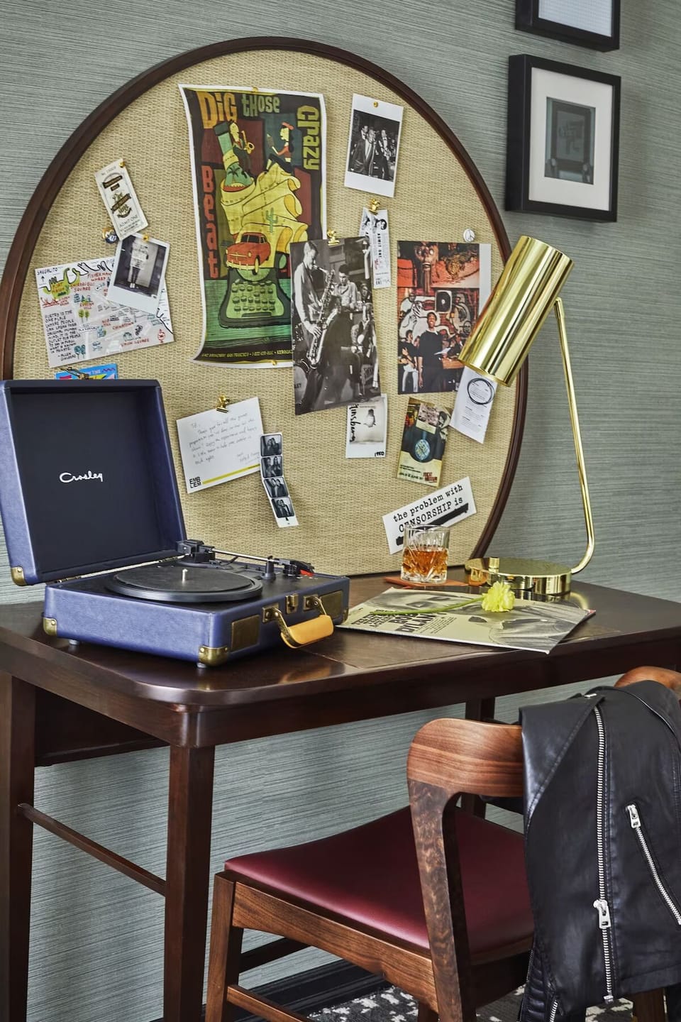 Settle in at the desk for work, playlists, and planning.