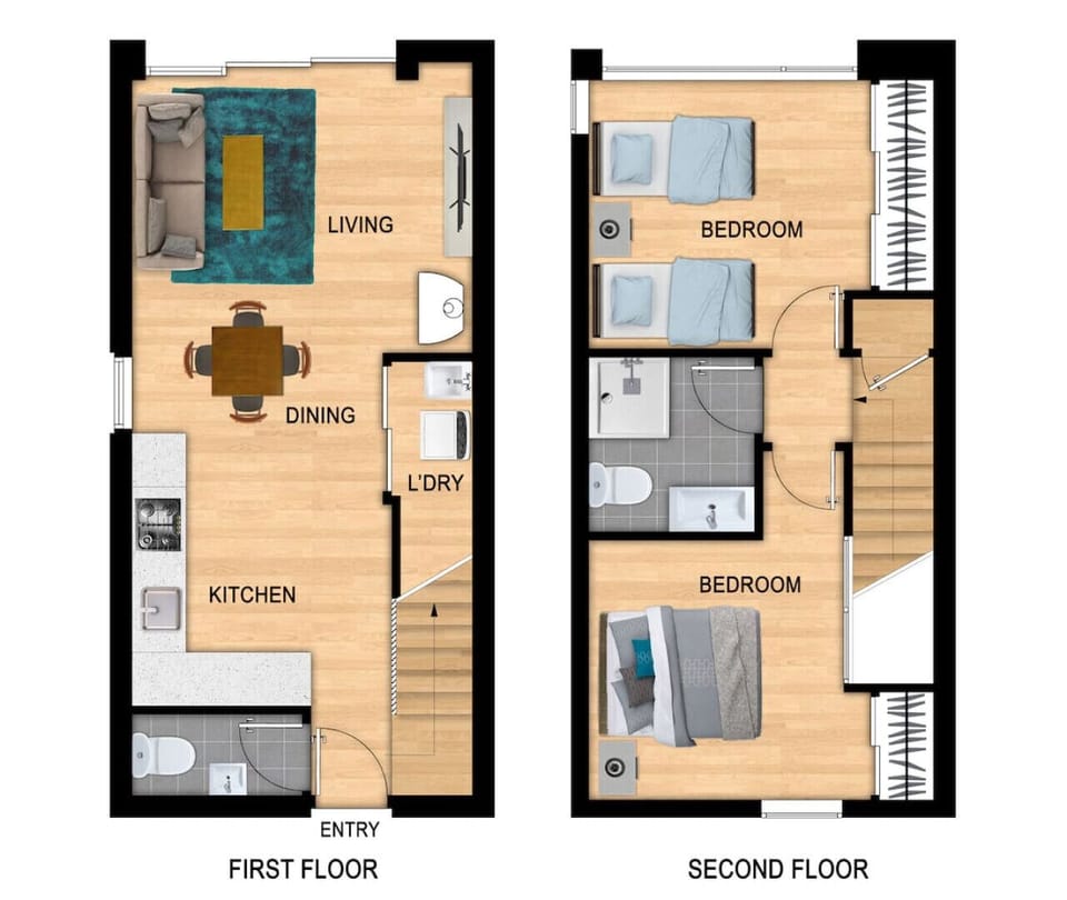 This shows the general floorplan for townhouses in this complex. Furnishings may differ, unit may be a mirror image of what is shown here. It is an artists impression and not exact.