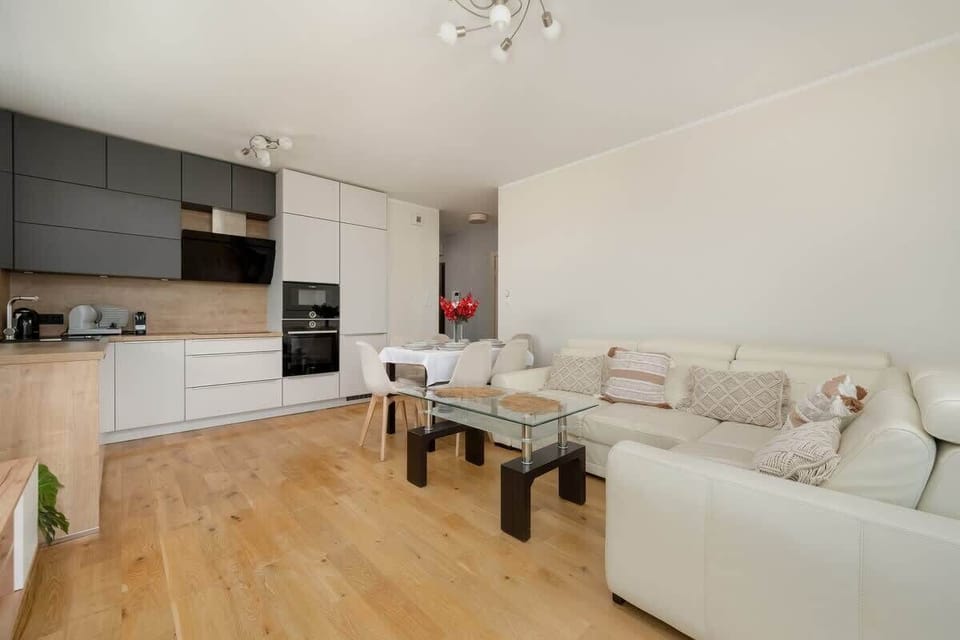 Air-conditioned living room with a fold-out sofa, TV and kitchenette with dining area.