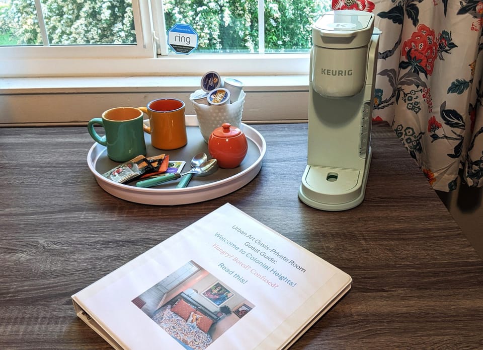 Learn about the neighborhood as you work or eat at the large desk/table.