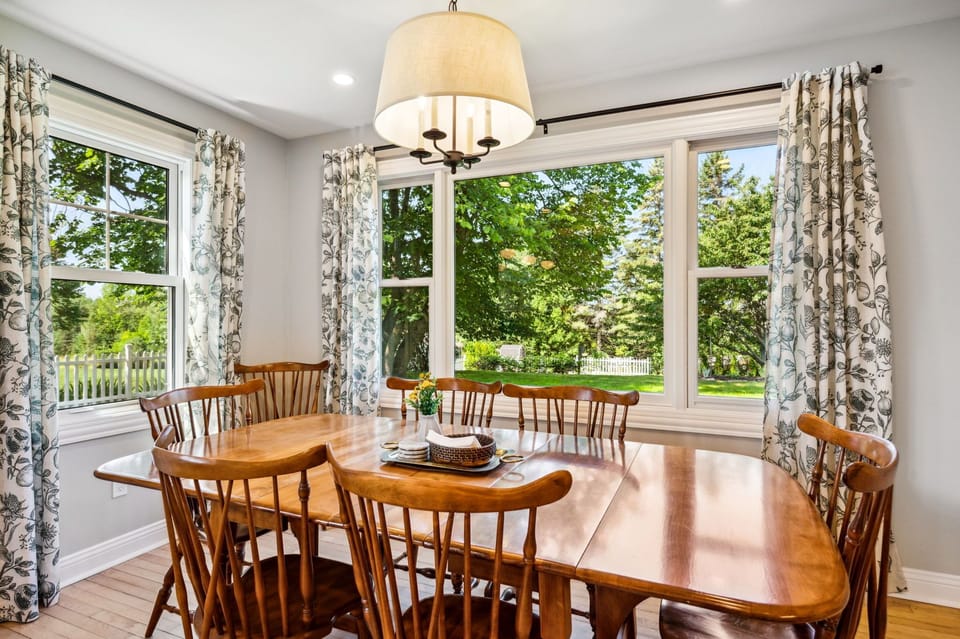 Our dining table overlooks our beautiful backyard.
