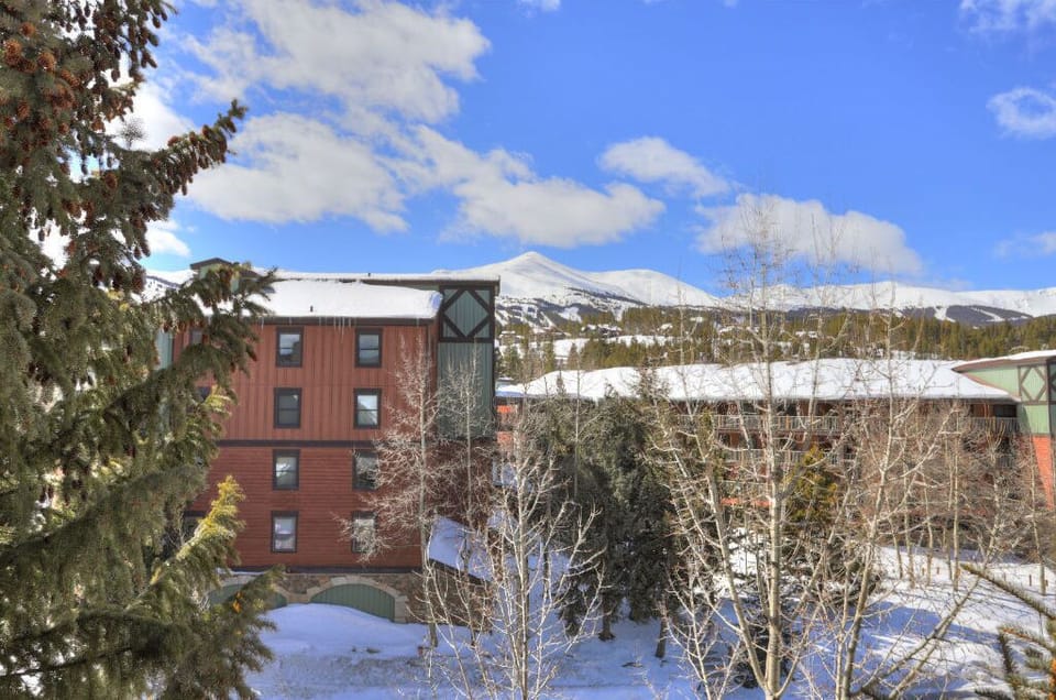 Picturesque exterior view of the property, surrounded by snowy landscapes and vibrant greenery.