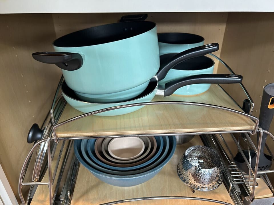 Pots, pans, skillets, mixing bowls, vegetable steamer