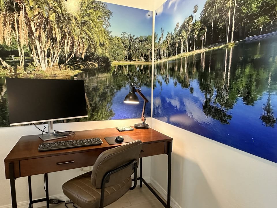 Furniture, Table, Desk, Lamp, Computer
