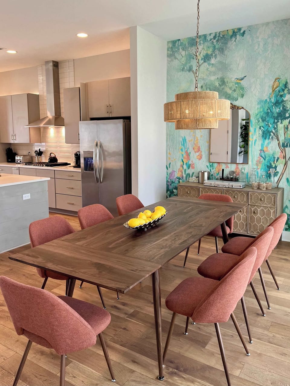 Bright dining room with seating for eight