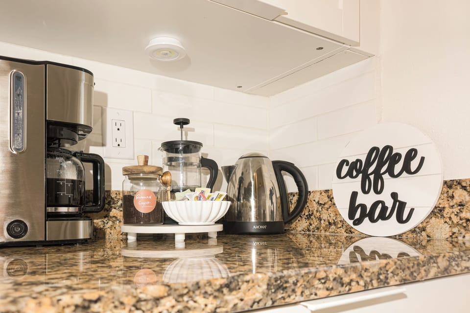 French press and coffee machine on-site. Stocked coffee station w/starter pack.