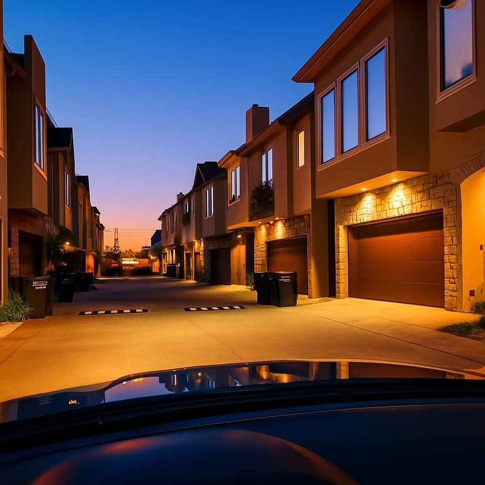 Neighborhood street view at dusk with warm home lighting