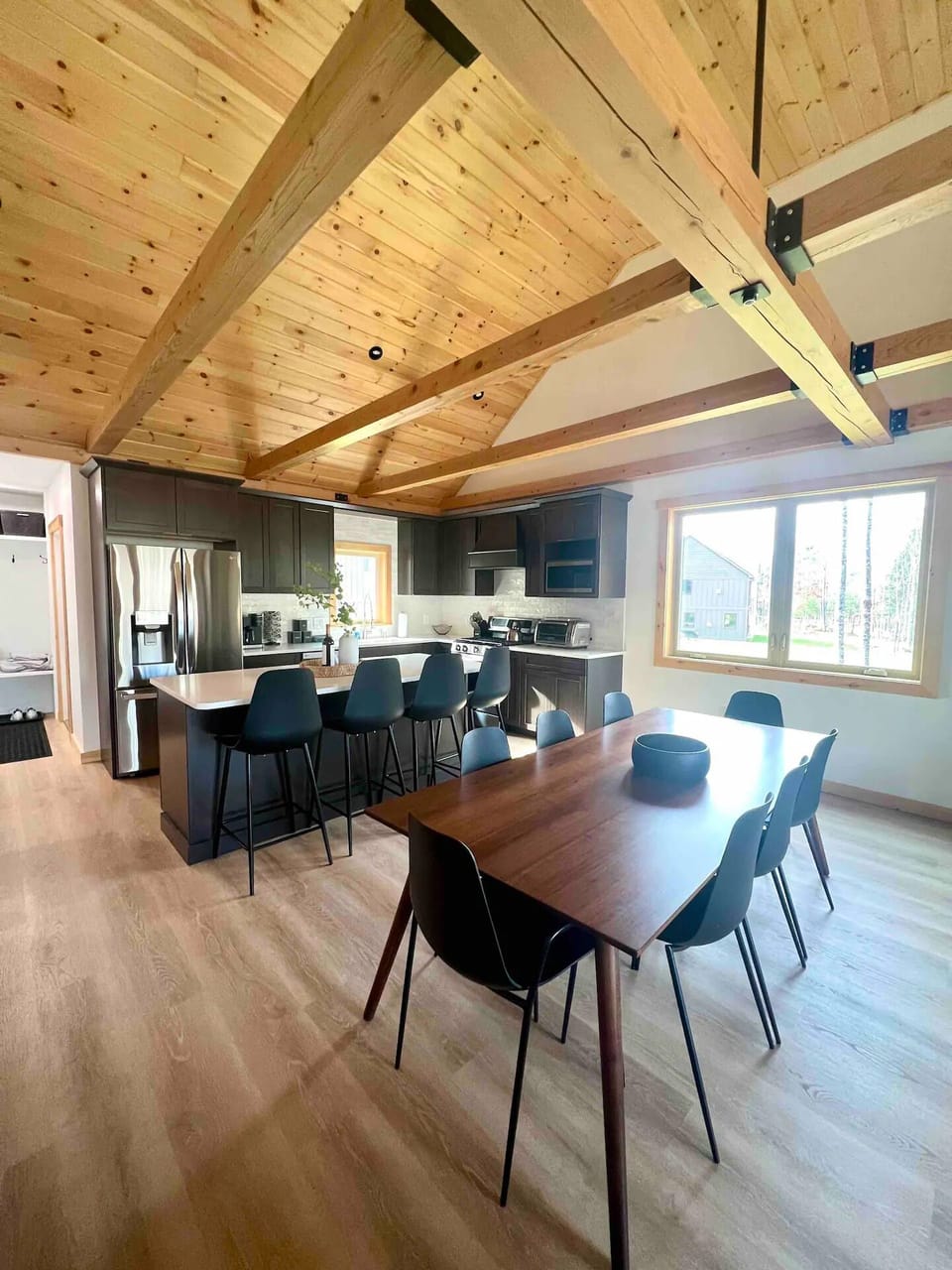 Ample space to entertain, with a dining room table that seats eight people.