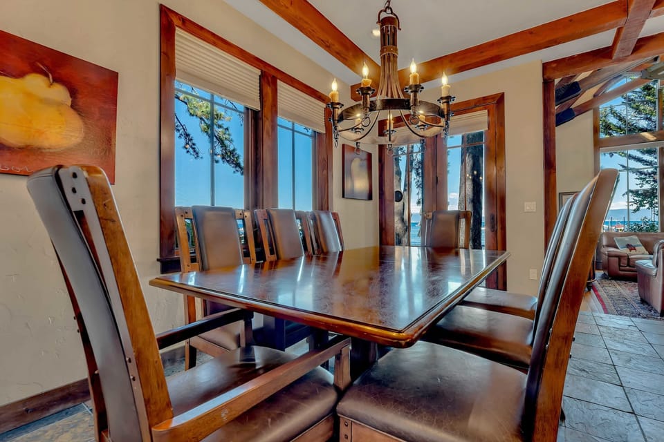 Dining Room: 7-person dining table, access to patio and backyard, connected to kitchen