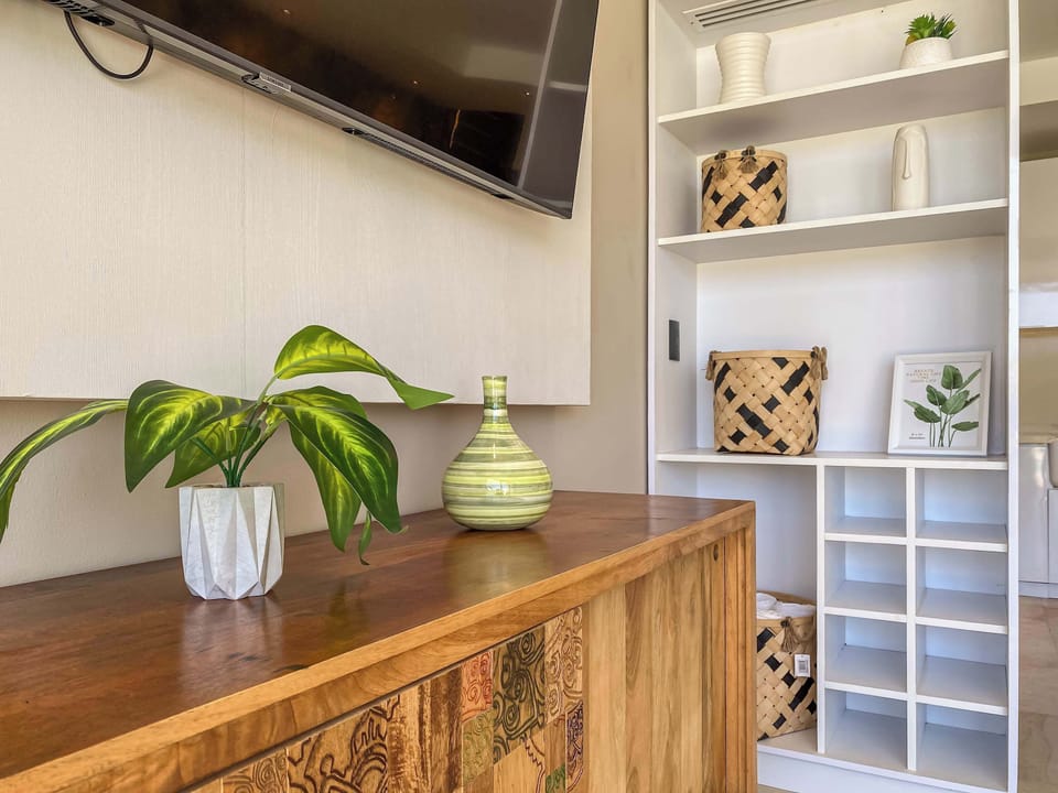 Stylish wood shelving and kitchen detail