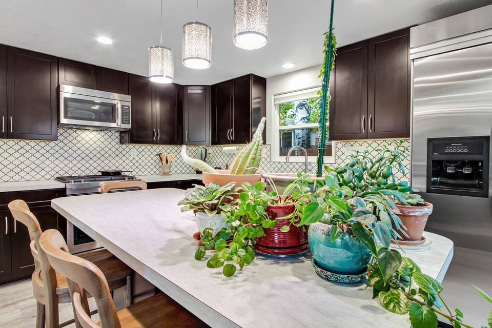 Large kitchen island for entertaining and dining.