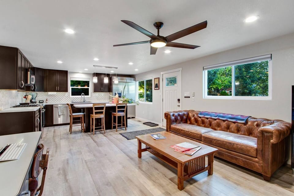 Open living room and kitchen layout for entertaining.