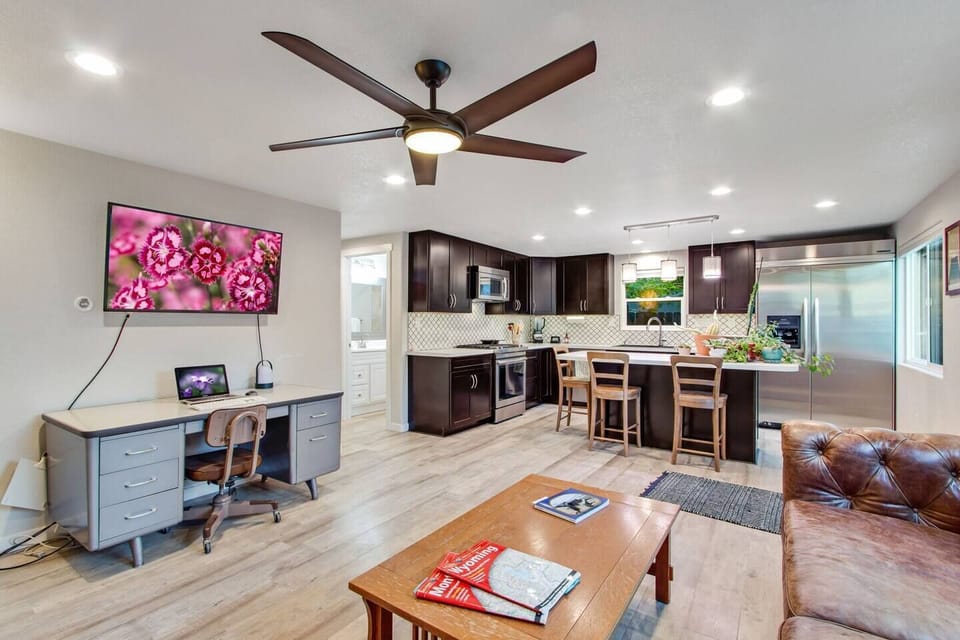 Open living room and kitchen layout for entertaining.