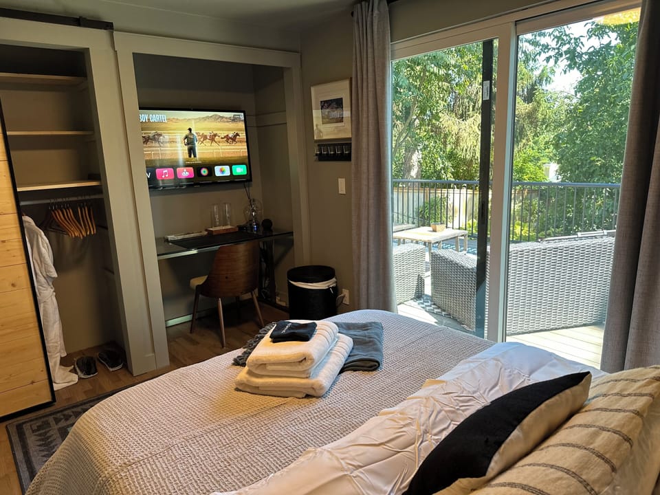 Queen bed with access to deck, closet, TV, desk, chargers, and Alexa. 