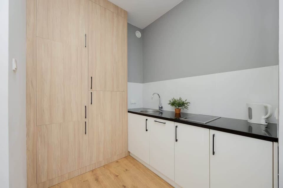 The sleek design of the kitchenette blending seamlessly with the living area.