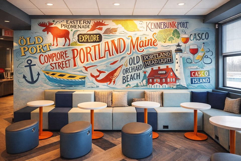 Relax beneath vibrant local art in a comfy conversation corner.