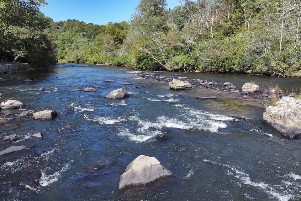 A peaceful river scene with gentle water flowing over rocks.