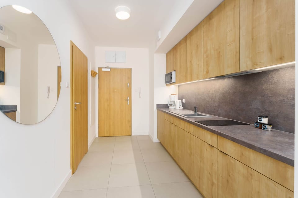 A hallway view of a modern apartment kitchen with wooden cabinets and a long countertop for cooking space.