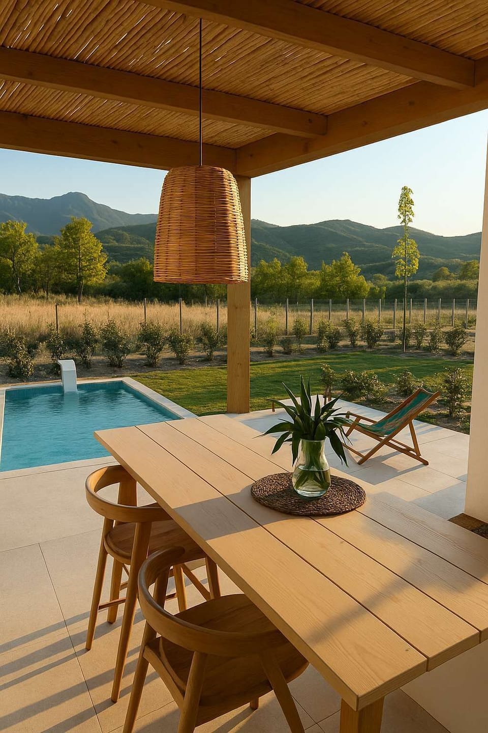 Outdoor seating and dining under pergola
Comfortably dine or unwind outside in this covered space perfect for all hours.