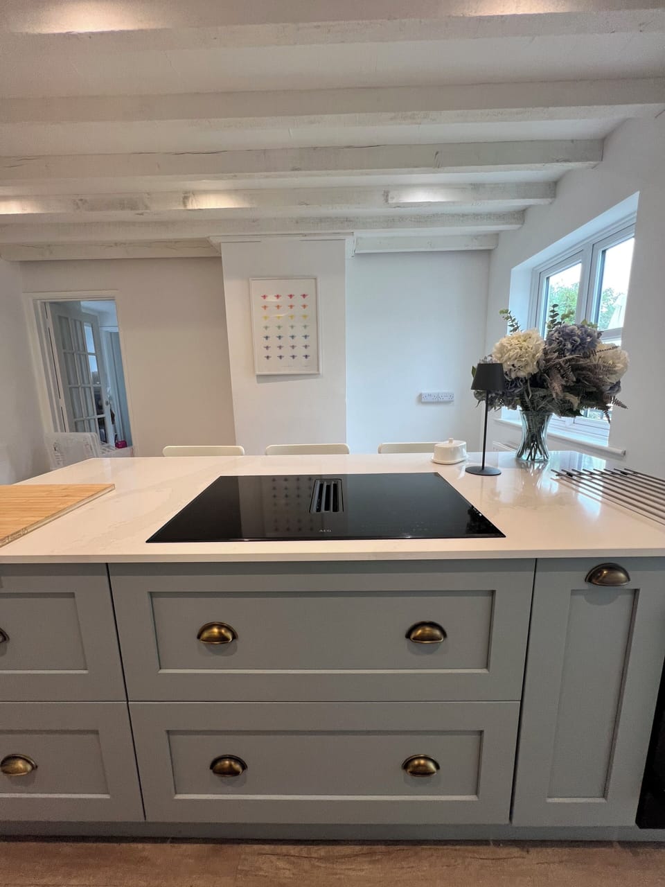 Kitchen island looking toward entrance hall.