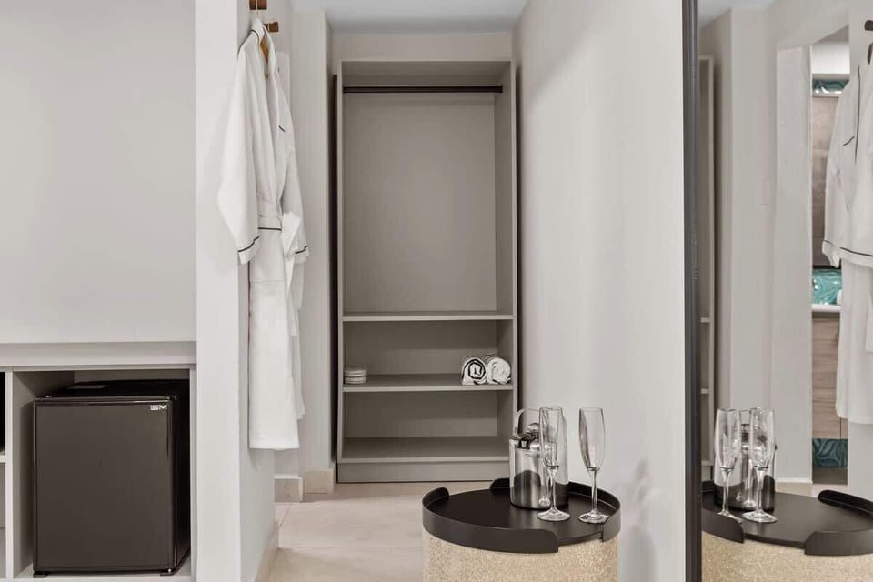 Subtle pattern complements the room's minimalist design.