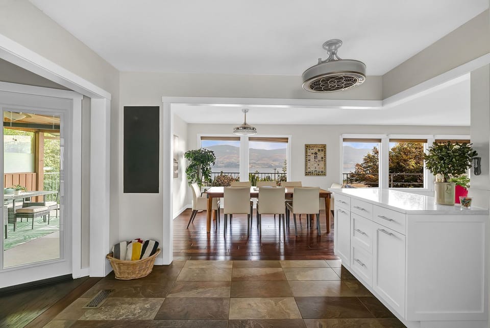 Just off the kitchen, you can access the patio and the dining room. 