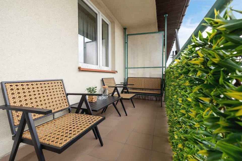 Outdoor seating area with two chairs and green plants, offering a cozy spot to relax.