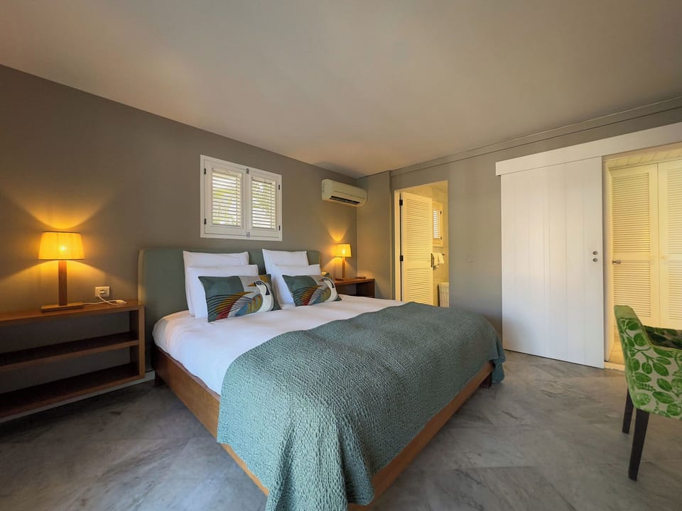 Euro-King size bed, air conditioning, HD-TV, Dish Network, safe, large dressing room. En-suite bathroom, 2 wash basins, shower. 