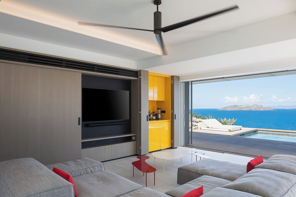 Air conditioning, HD-TV, Dish Network, DVD player, iPod docking station, stereo. The living room opens onto the expansive terrace and the panoramic views. 