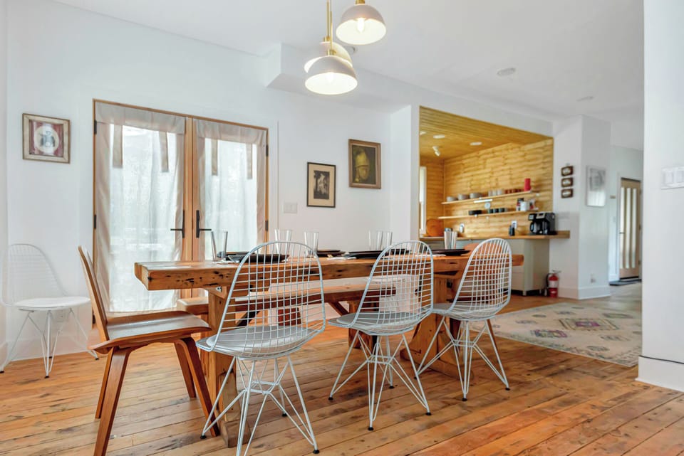 Solid wood dining table with seating for 8 people. 